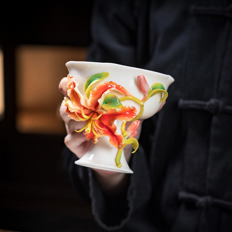 Intangible Cultural Heritage Hand-Pinched Lily Flower Ceramic Teacup, Artistic Handmade Floral Cup for Loose Leaf Tea & Coffee, Unique New Year/Valentine's Day/Birthday Gift