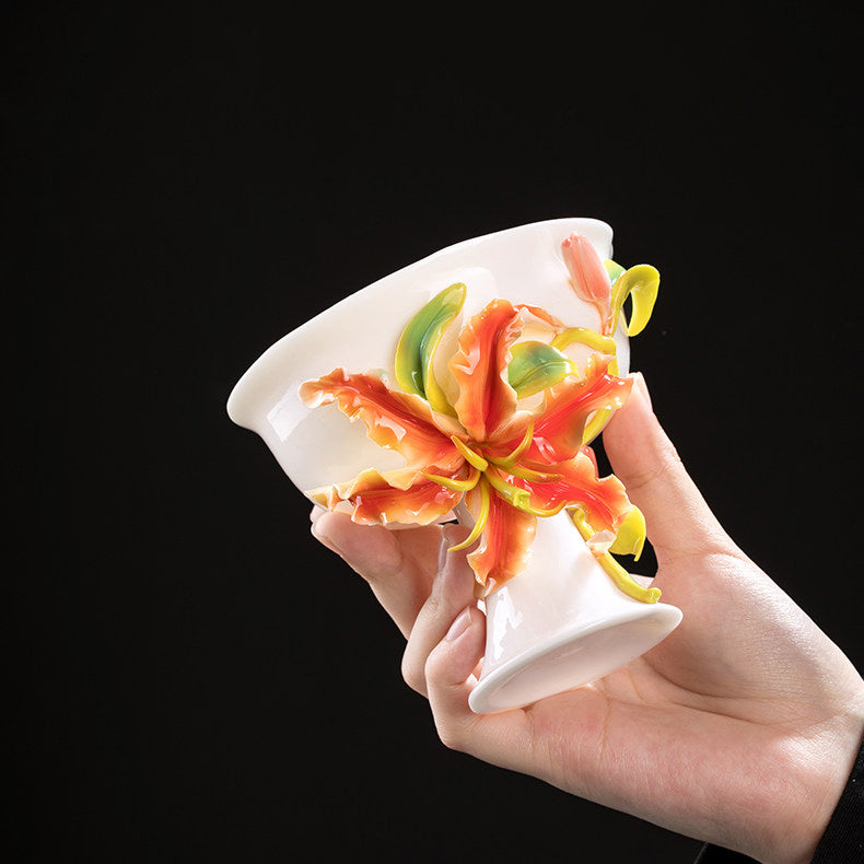 Intangible Cultural Heritage Hand-Pinched Lily Flower Ceramic Teacup, Artistic Handmade Floral Cup for Loose Leaf Tea & Coffee, Unique New Year/Valentine's Day/Birthday Gift
