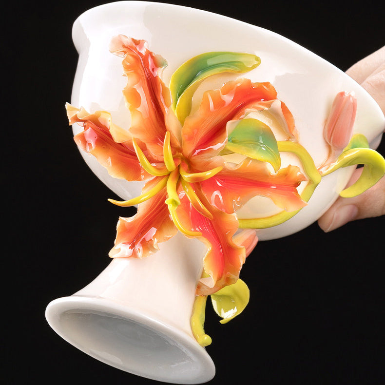 Intangible Cultural Heritage Hand-Pinched Lily Flower Ceramic Teacup, Artistic Handmade Floral Cup for Loose Leaf Tea & Coffee, Unique New Year/Valentine's Day/Birthday Gift