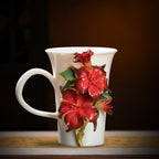 Chinese Intangible Cultural Heritage Hand-Pinched Red Hibiscus Ceramic Mug, Handmade 3D Floral Art Coffee/Tea Cup, Unique New Year/Valentine's Day/Birthday Gift for Women & Her