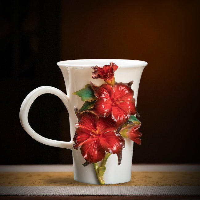 Chinese Intangible Cultural Heritage Hand-Pinched Red Hibiscus Ceramic Mug, Handmade 3D Floral Art Coffee/Tea Cup, Unique New Year/Valentine's Day/Birthday Gift for Women & Her Hover Image
