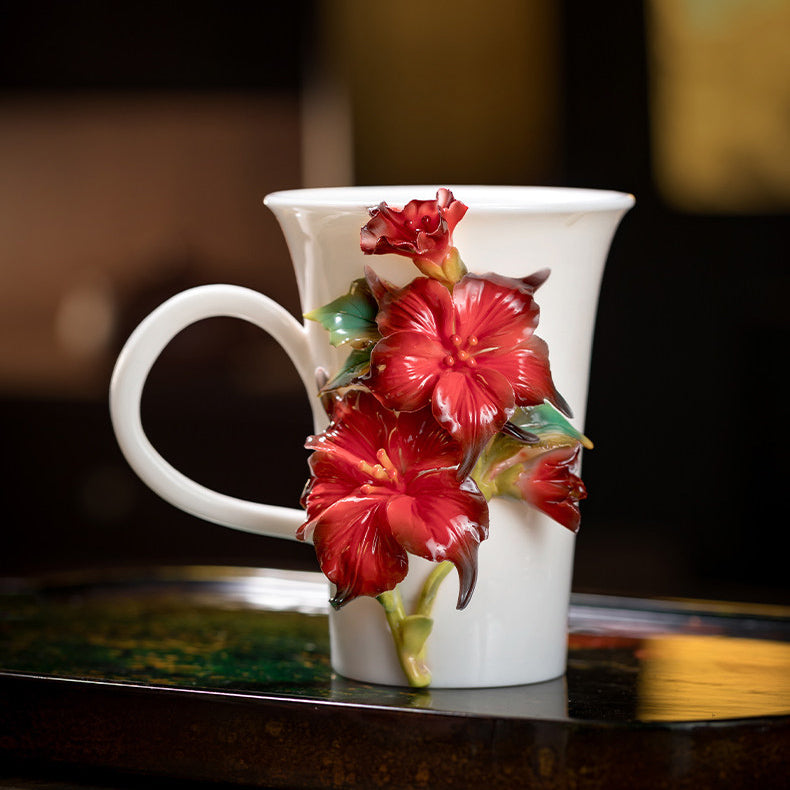 Chinese Intangible Cultural Heritage Hand-Pinched Red Hibiscus Ceramic Mug, Handmade 3D Floral Art Coffee/Tea Cup, Unique New Year/Valentine's Day/Birthday Gift for Women & Her