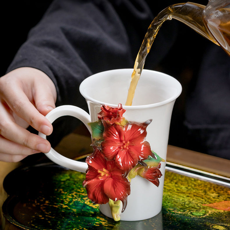 Chinese Intangible Cultural Heritage Hand-Pinched Red Hibiscus Ceramic Mug, Handmade 3D Floral Art Coffee/Tea Cup, Unique New Year/Valentine's Day/Birthday Gift for Women & Her