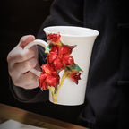 Chinese Intangible Cultural Heritage Hand-Pinched Red Hibiscus Ceramic Mug, Handmade 3D Floral Art Coffee/Tea Cup, Unique New Year/Valentine's Day/Birthday Gift for Women & Her