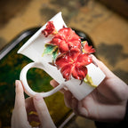 Chinese Intangible Cultural Heritage Hand-Pinched Red Hibiscus Ceramic Mug, Handmade 3D Floral Art Coffee/Tea Cup, Unique New Year/Valentine's Day/Birthday Gift for Women & Her
