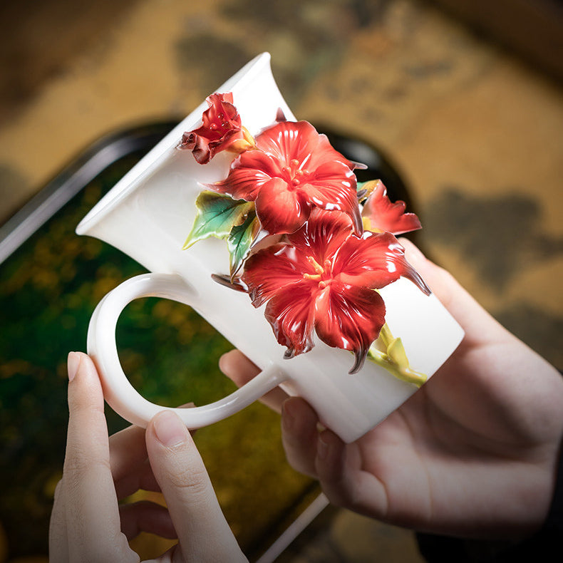 Chinese Intangible Cultural Heritage Hand-Pinched Red Hibiscus Ceramic Mug, Handmade 3D Floral Art Coffee/Tea Cup, Unique New Year/Valentine's Day/Birthday Gift for Women & Her
