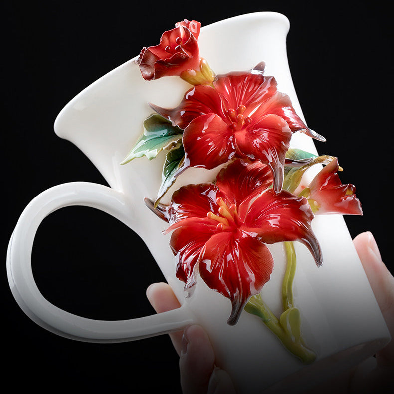 Chinese Intangible Cultural Heritage Hand-Pinched Red Hibiscus Ceramic Mug, Handmade 3D Floral Art Coffee/Tea Cup, Unique New Year/Valentine's Day/Birthday Gift for Women & Her