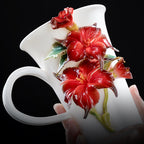 Chinese Intangible Cultural Heritage Hand-Pinched Red Hibiscus Ceramic Mug, Handmade 3D Floral Art Coffee/Tea Cup, Unique New Year/Valentine's Day/Birthday Gift for Women & Her