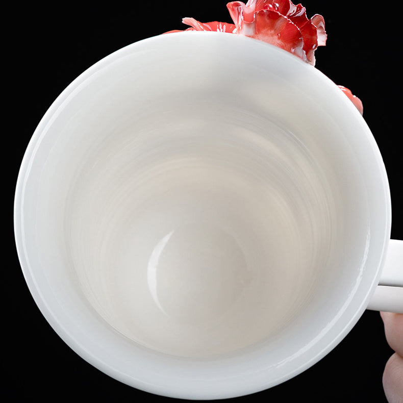 Chinese Intangible Cultural Heritage Hand-Pinched Red Hibiscus Ceramic Mug, Handmade 3D Floral Art Coffee/Tea Cup, Unique New Year/Valentine's Day/Birthday Gift for Women & Her