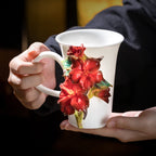 Chinese Intangible Cultural Heritage Hand-Pinched Red Hibiscus Ceramic Mug, Handmade 3D Floral Art Coffee/Tea Cup, Unique New Year/Valentine's Day/Birthday Gift for Women & Her