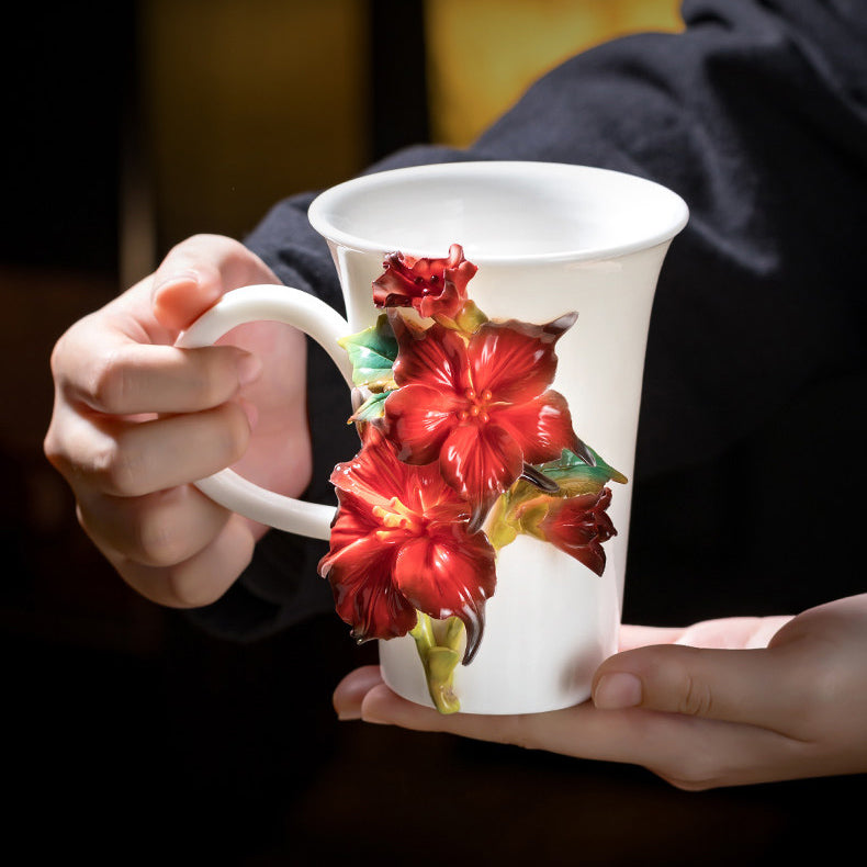 Chinese Intangible Cultural Heritage Hand-Pinched Red Hibiscus Ceramic Mug, Handmade 3D Floral Art Coffee/Tea Cup, Unique New Year/Valentine's Day/Birthday Gift for Women & Her