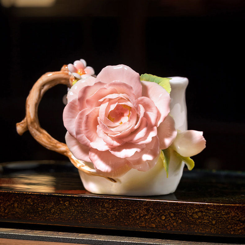 Chinese Intangible Cultural Heritage Hand-Pinched Pink Rose Ceramic Mug, Handmade 3D Floral Art Coffee/Tea Cup, Microwave & Dishwasher Safe, Unique Valentine's Day/Birthday Gift for Women & Her