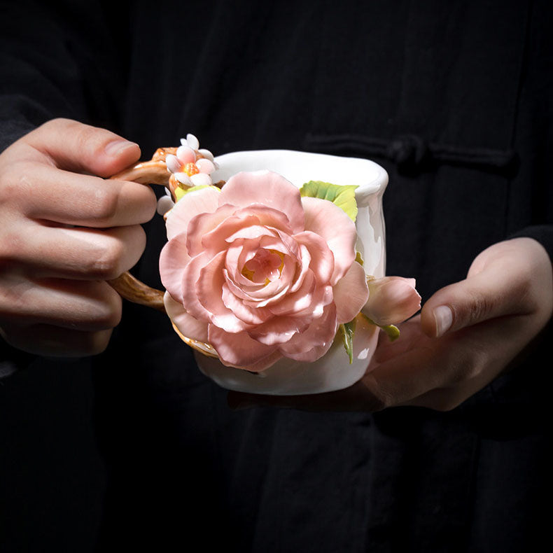Chinese Intangible Cultural Heritage Hand-Pinched Pink Rose Ceramic Mug, Handmade 3D Floral Art Coffee/Tea Cup, Microwave & Dishwasher Safe, Unique Valentine's Day/Birthday Gift for Women & Her