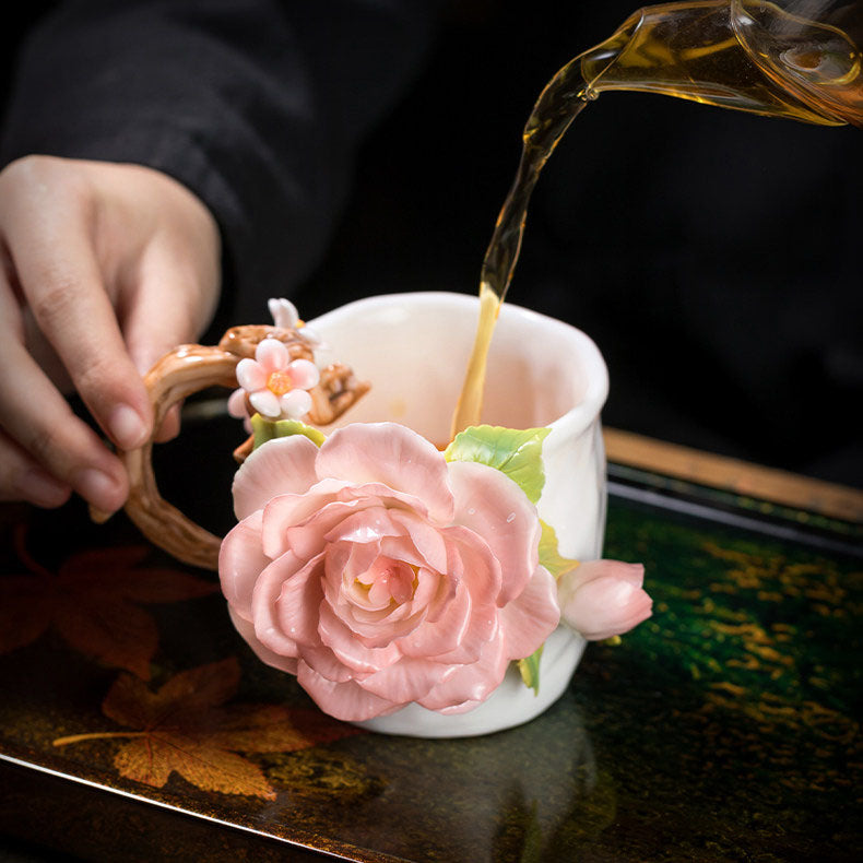 Chinese Intangible Cultural Heritage Hand-Pinched Pink Rose Ceramic Mug, Handmade 3D Floral Art Coffee/Tea Cup, Microwave & Dishwasher Safe, Unique Valentine's Day/Birthday Gift for Women & Her