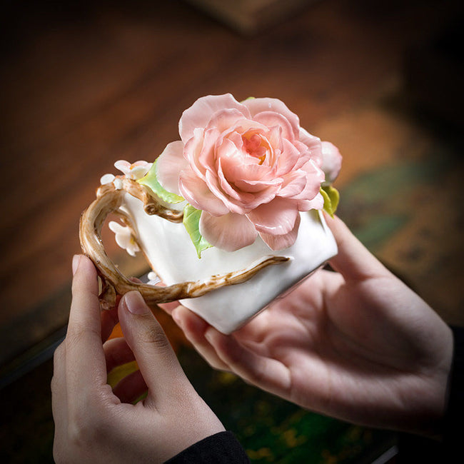 Chinese Intangible Cultural Heritage Hand-Pinched Pink Rose Ceramic Mug, Handmade 3D Floral Art Coffee/Tea Cup, Microwave & Dishwasher Safe, Unique Valentine's Day/Birthday Gift for Women & Her Hover Image