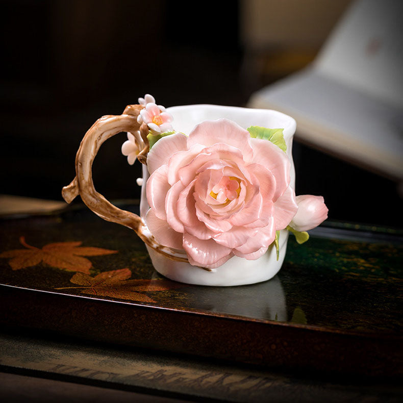 Chinese Intangible Cultural Heritage Hand-Pinched Pink Rose Ceramic Mug, Handmade 3D Floral Art Coffee/Tea Cup, Microwave & Dishwasher Safe, Unique Valentine's Day/Birthday Gift for Women & Her