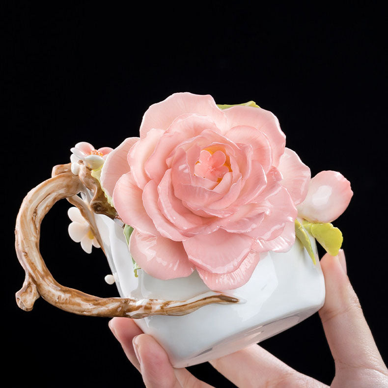 Chinese Intangible Cultural Heritage Hand-Pinched Pink Rose Ceramic Mug, Handmade 3D Floral Art Coffee/Tea Cup, Microwave & Dishwasher Safe, Unique Valentine's Day/Birthday Gift for Women & Her
