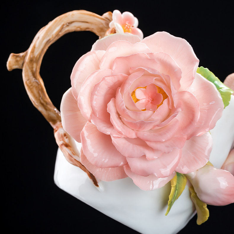 Chinese Intangible Cultural Heritage Hand-Pinched Pink Rose Ceramic Mug, Handmade 3D Floral Art Coffee/Tea Cup, Microwave & Dishwasher Safe, Unique Valentine's Day/Birthday Gift for Women & Her