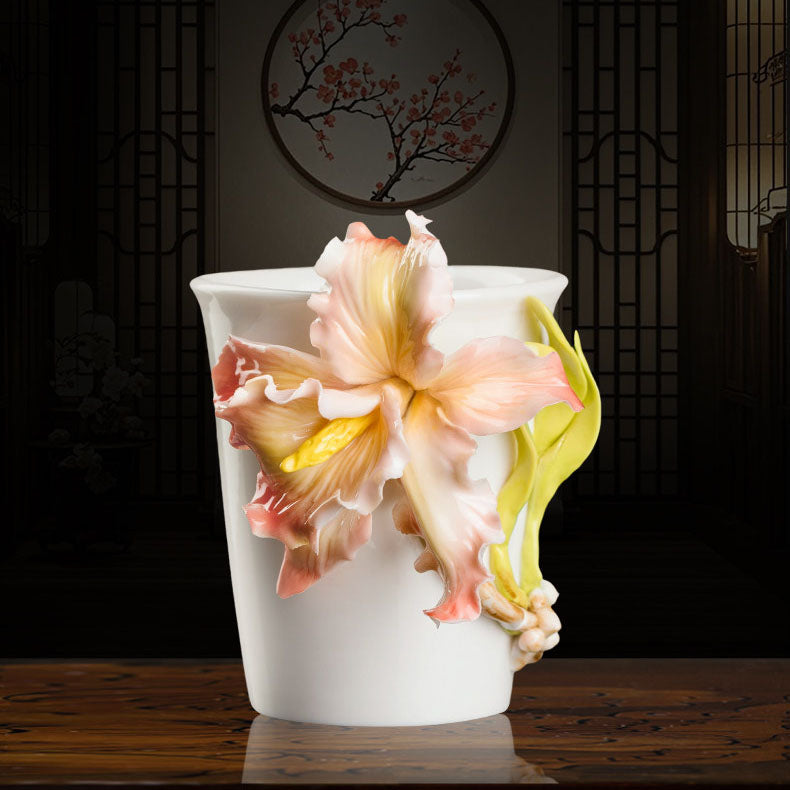 Chinese Intangible Cultural Heritage Hand-Pinched Daylily Ceramic Mug, Handmade 3D iris Floral Art Coffee & Tea Cup, Unique New Year/Valentine's Day/Birthday Gift for Women & Her