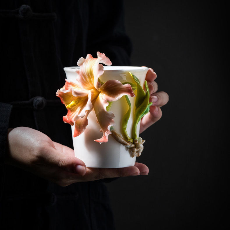Chinese Intangible Cultural Heritage Hand-Pinched Daylily Ceramic Mug, Handmade 3D iris Floral Art Coffee & Tea Cup, Unique New Year/Valentine's Day/Birthday Gift for Women & Her