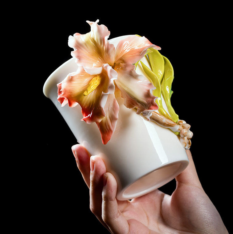 Chinese Intangible Cultural Heritage Hand-Pinched Daylily Ceramic Mug, Handmade 3D iris Floral Art Coffee & Tea Cup, Unique New Year/Valentine's Day/Birthday Gift for Women & Her