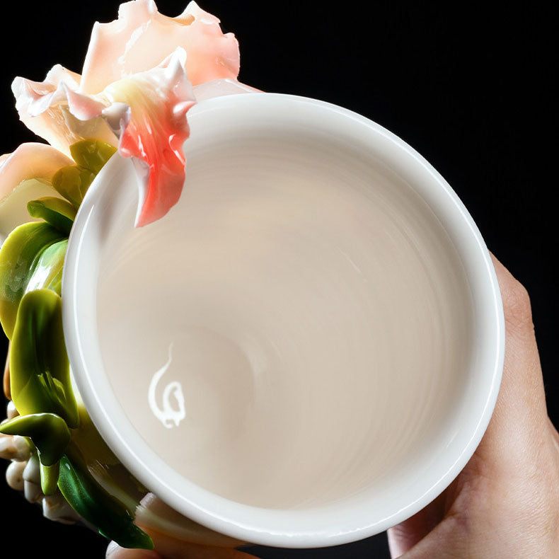 Chinese Intangible Cultural Heritage Hand-Pinched Daylily Ceramic Mug, Handmade 3D iris Floral Art Coffee & Tea Cup, Unique New Year/Valentine's Day/Birthday Gift for Women & Her
