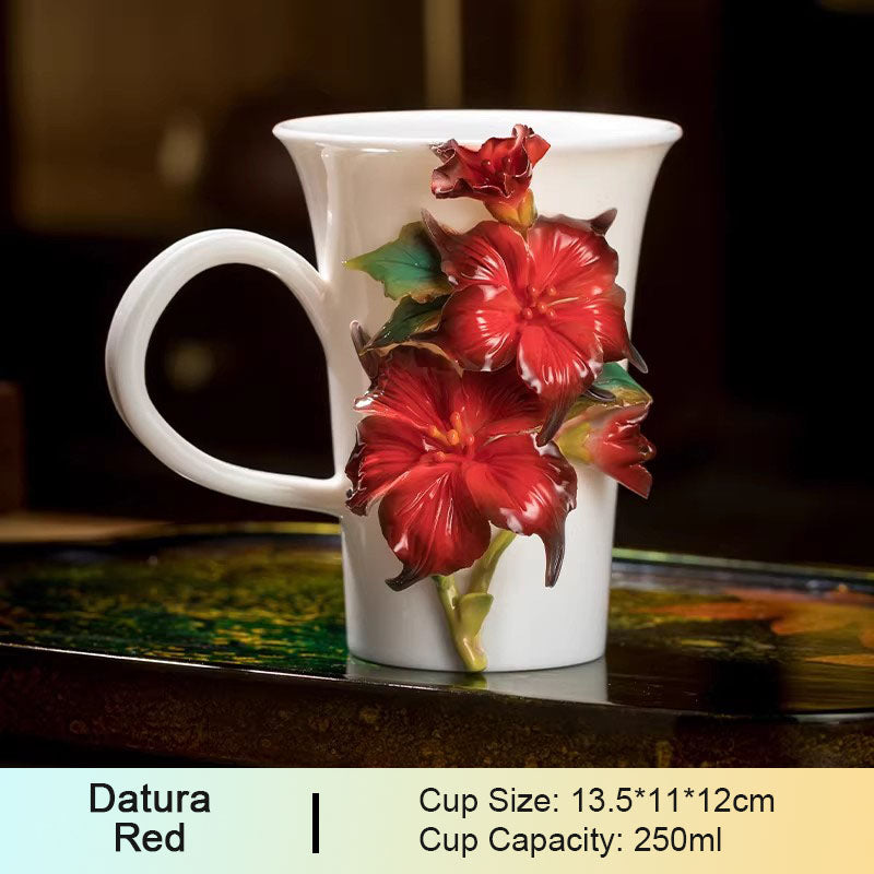 Chinese Intangible Cultural Heritage Hand-Pinched Red Hibiscus Ceramic Mug, Handmade 3D Floral Art Coffee/Tea Cup, Unique New Year/Valentine's Day/Birthday Gift for Women & Her