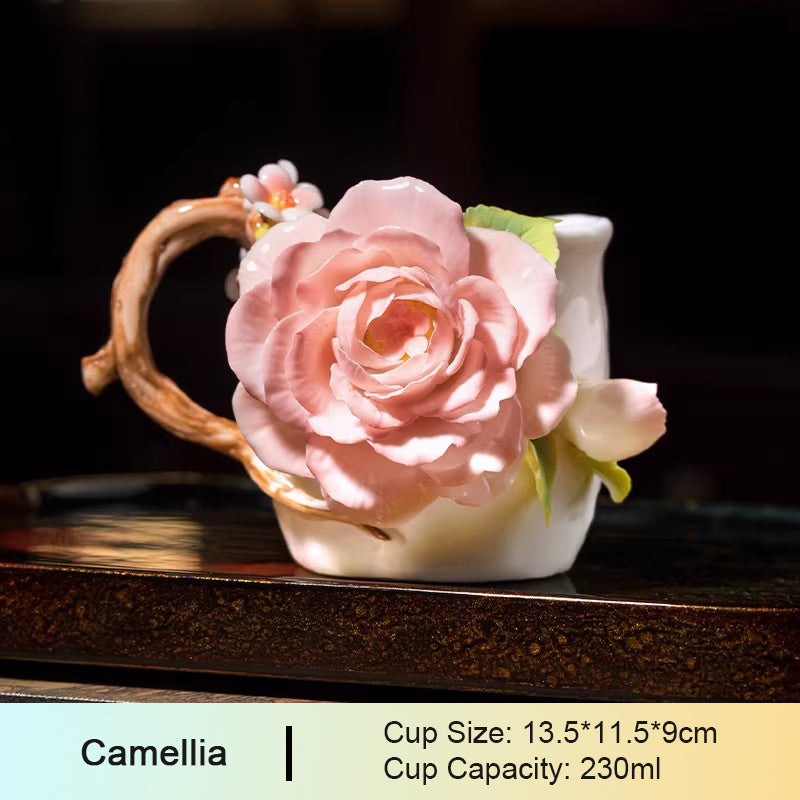 Chinese Intangible Cultural Heritage Hand-Pinched Pink Rose Ceramic Mug, Handmade 3D Floral Art Coffee/Tea Cup, Microwave & Dishwasher Safe, Unique Valentine's Day/Birthday Gift for Women & Her