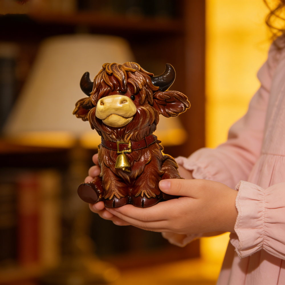 Highland Cow Resin Figurine – Cute Scottish Cattle Decorative Statue for Home, Office, or Farmhouse Shelf Décor, Handcrafted Collectible Gift
