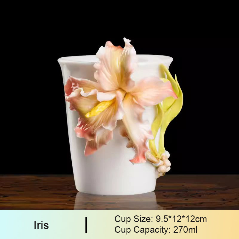 Chinese Intangible Cultural Heritage Hand-Pinched Daylily Ceramic Mug, Handmade 3D iris Floral Art Coffee & Tea Cup, Unique New Year/Valentine's Day/Birthday Gift for Women & Her