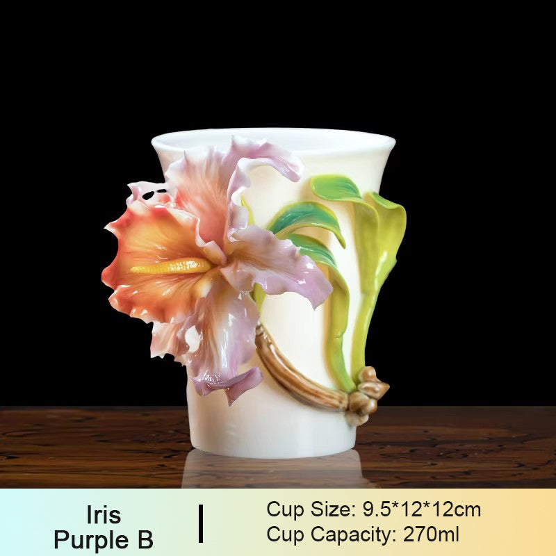 Chinese Intangible Cultural Heritage Hand-Pinched Daylily Ceramic Mug, Handmade 3D iris Floral Art Coffee & Tea Cup, Unique New Year/Valentine's Day/Birthday Gift for Women & Her