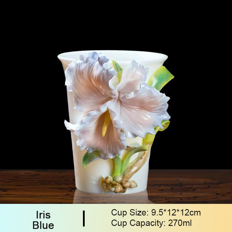 Chinese Intangible Cultural Heritage Hand-Pinched Daylily Ceramic Mug, Handmade 3D iris Floral Art Coffee & Tea Cup, Unique New Year/Valentine's Day/Birthday Gift for Women & Her