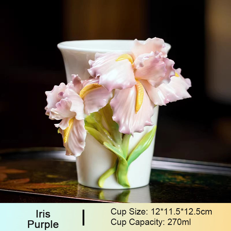 Chinese Intangible Cultural Heritage Hand-Pinched Daylily Ceramic Mug, Handmade 3D iris Floral Art Coffee & Tea Cup, Unique New Year/Valentine's Day/Birthday Gift for Women & Her