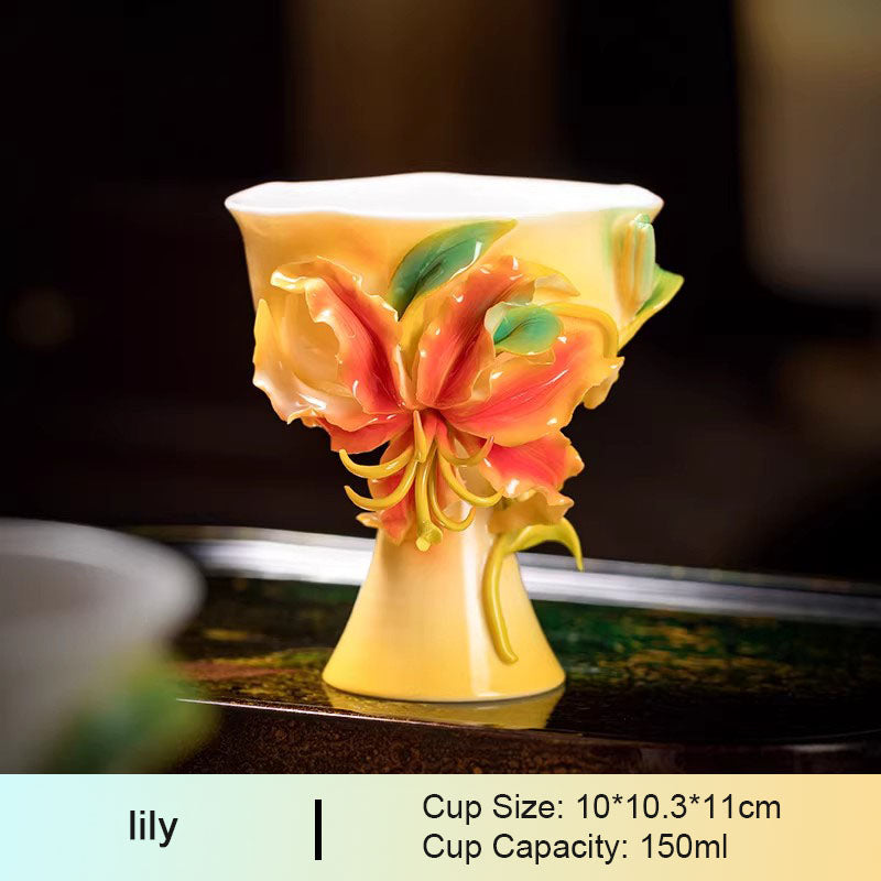 Intangible Cultural Heritage Hand-Pinched Lily Flower Ceramic Teacup, Artistic Handmade Floral Cup for Loose Leaf Tea & Coffee, Unique New Year/Valentine's Day/Birthday Gift