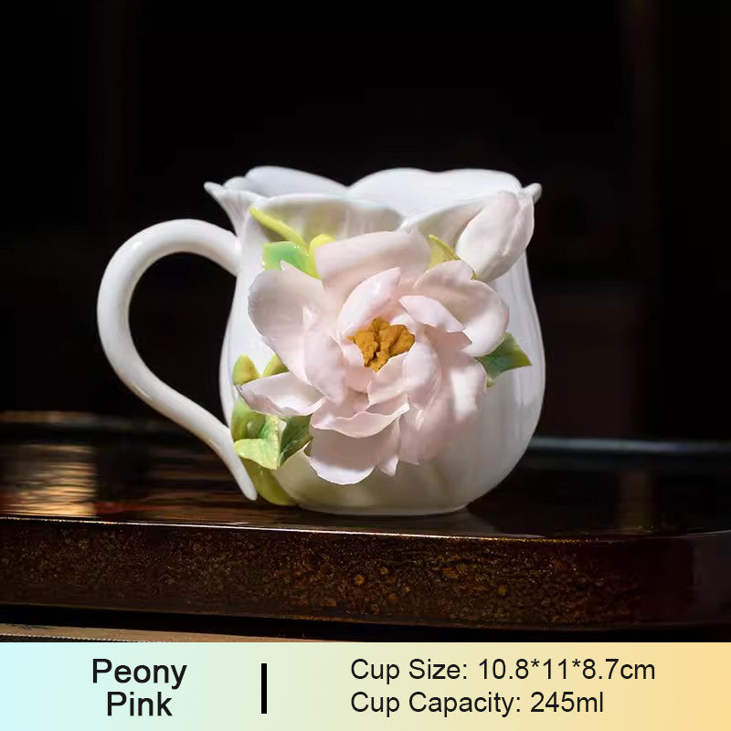 Chinese Intangible Cultural Heritage Hand-Pinched Pink Rose Ceramic Mug, Handmade 3D Floral Art Coffee/Tea Cup, Microwave & Dishwasher Safe, Unique Valentine's Day/Birthday Gift for Women & Her