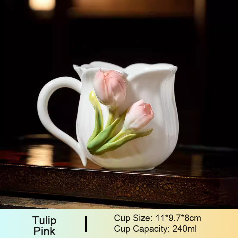 Chinese Intangible Cultural Heritage Hand-Pinched Pink Rose Ceramic Mug, Handmade 3D Floral Art Coffee/Tea Cup, Microwave & Dishwasher Safe, Unique Valentine's Day/Birthday Gift for Women & Her